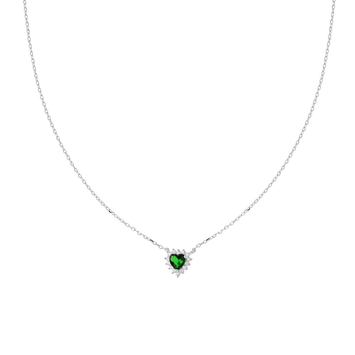 Collana Catena Forzatina Diamantata con Cuore Verde Smeraldo contornato da Cubic Zirconia Bianchi in ARGENTO 925 Galvanica Rodio