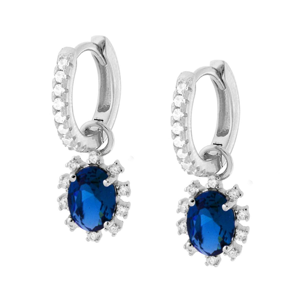 Orecchini Cerchio a Scattino con Ovale Blu Zaffiro pendente contornato con Cubic Zirconia Bianchi in ARGENTO 925 Galvanica Rodio