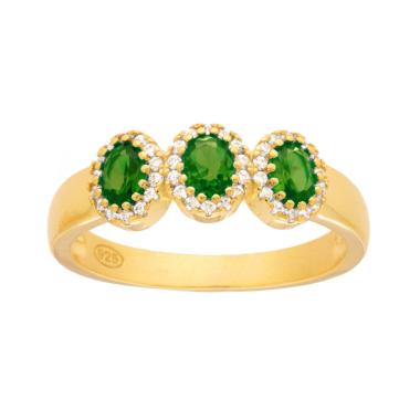 Anello Trilogy con Ovali Verde Smeraldo contornati con Cubic Zirconia Bianchi in ARGENTO 925 Galvanica Oro