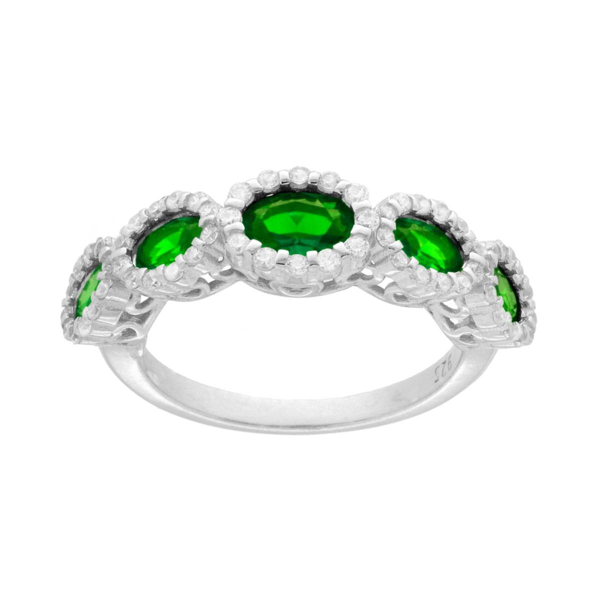 Anello Veretta con Ovali Verde Smeraldo contornati con Cubic Zirconia Bianchi in ARGENTO 925 Galvanica Rodio