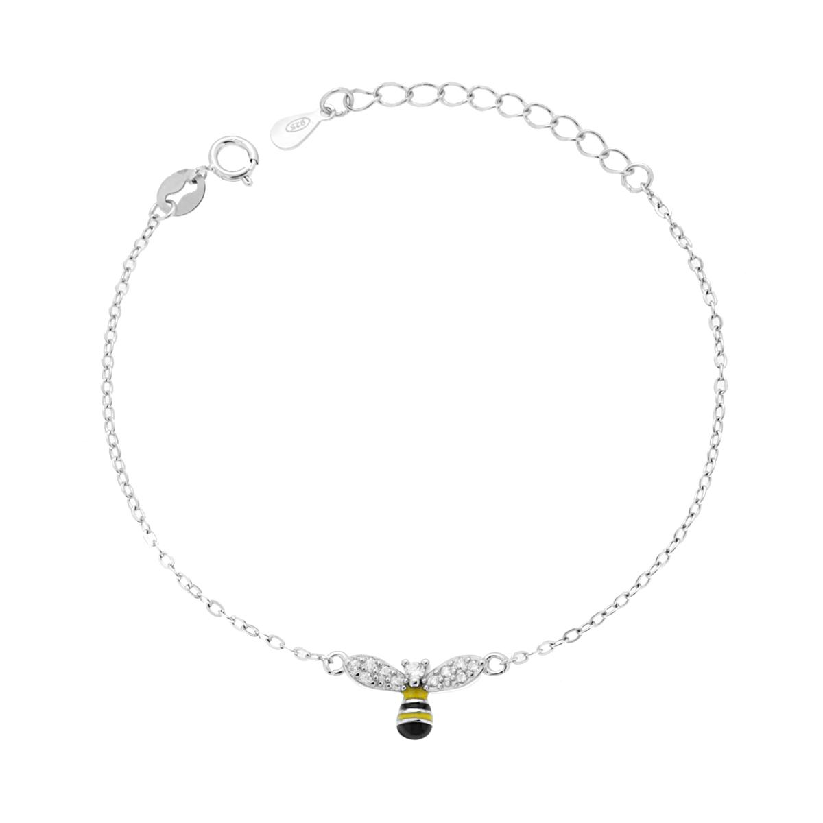 Bracciale Bimbo Bimba Catena Forzatina Diamantata con Ape Cubic Zirconia Bianchi e Smalto Giallo in ARGENTO 925 Galvanica Rodio