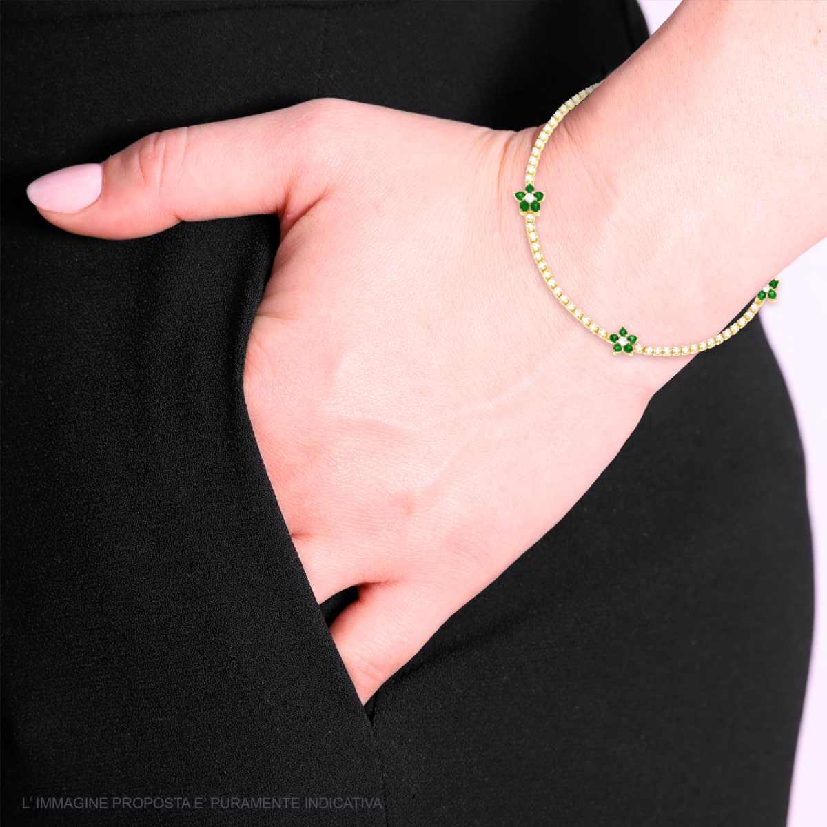 Bracciale Tennis Griffe cm 17+3 con Cubic Zirconia Bianchi e Fiori con Cubic Zirconia Verde Smeraldo in ARGENTO 925 Galvanica Oro