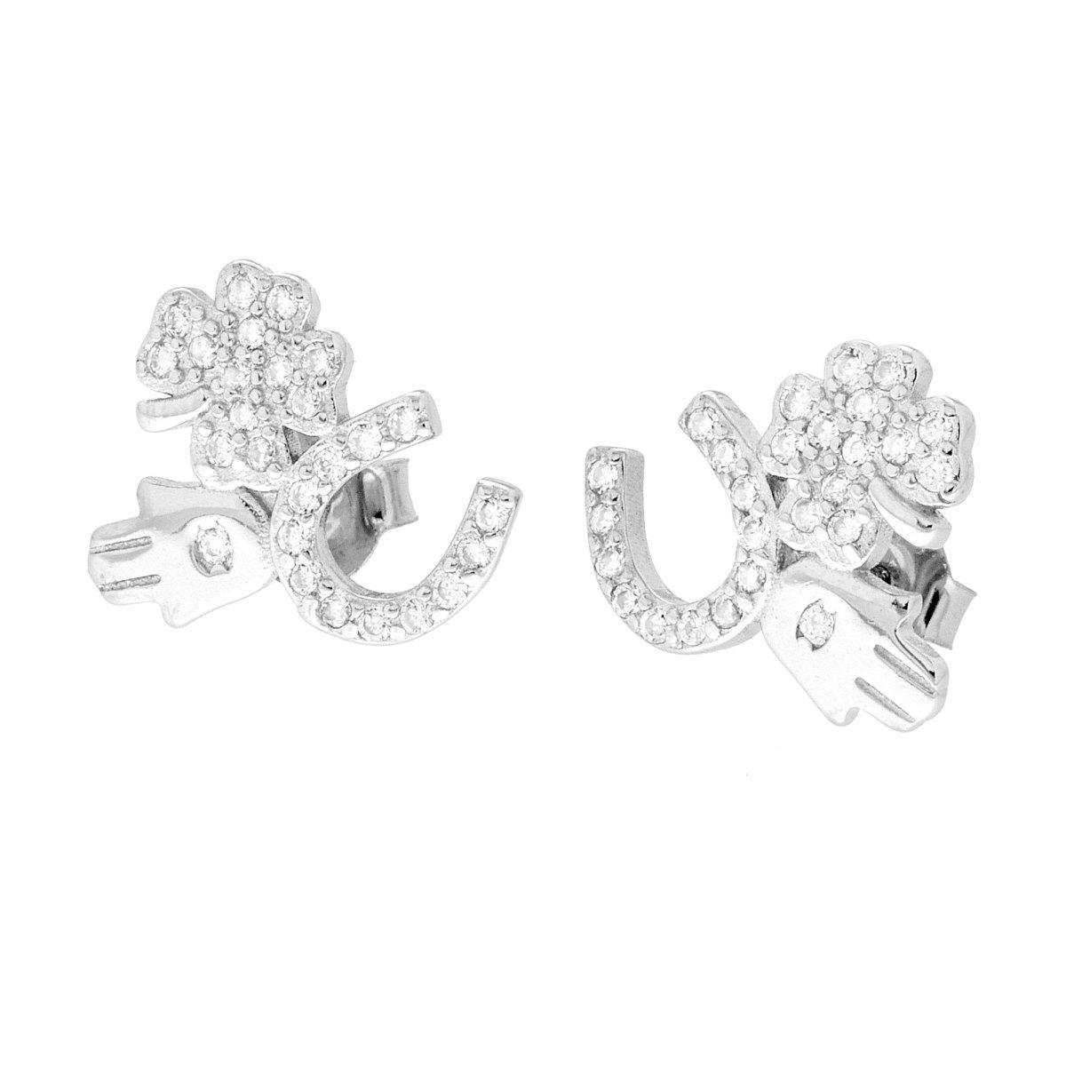 Orecchini Portafortuna Ferro di Cavallo Mano Fatima e Quadrifoglio con Cubic Zirconia Bianchi in ARGENTO 925 Galvanica Rodio