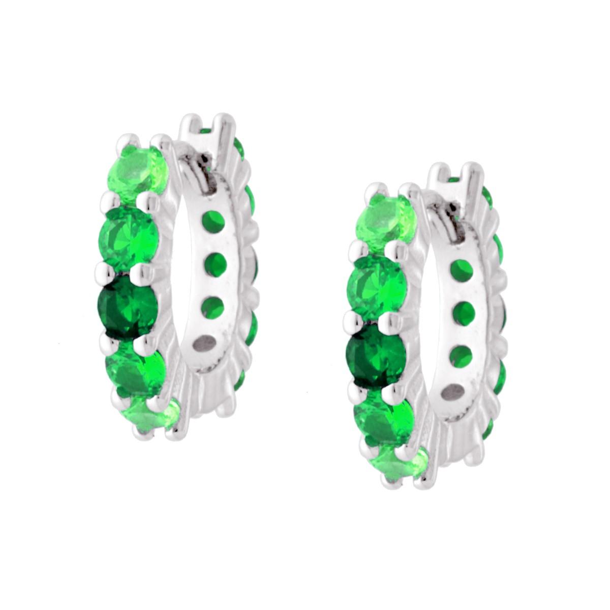 Orecchini Cerchio a Scattino 15 mm con Cubic Zirconia gradazione Verde Smeraldo in ARGENTO 925 Galvanica Rodio