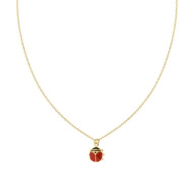 Collana Catena Forzatina Diamantata e Coccinella con smalto Rosso in ACCIAIO colore Oro