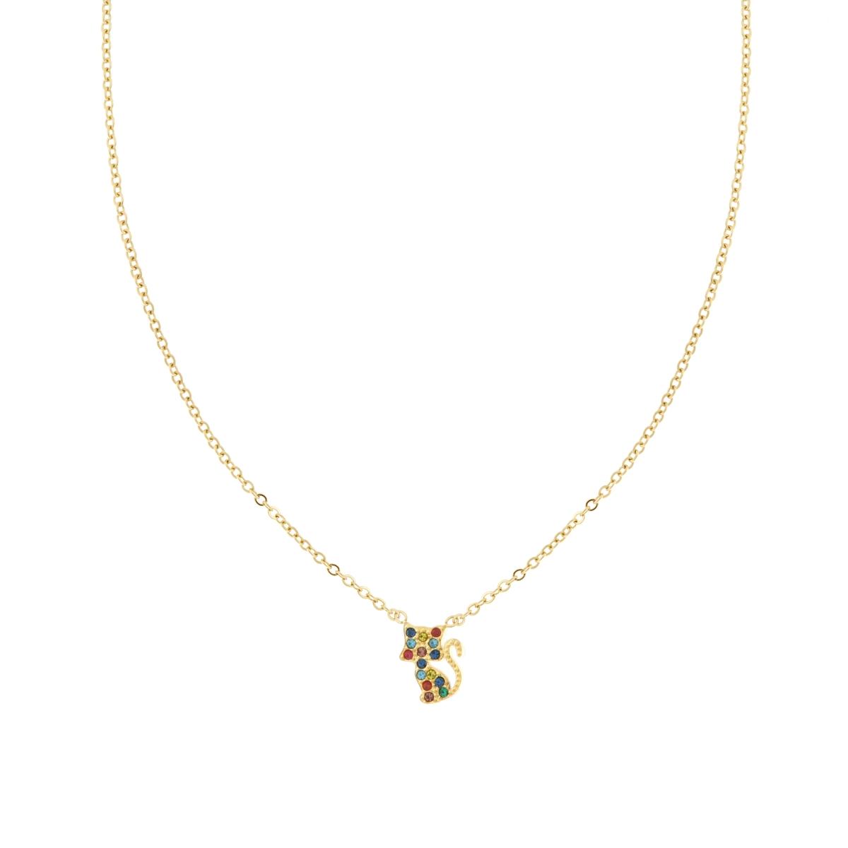Collana Catena Forzatina Diamantata con Gatto e Crystal Multicolor in ACCIAIO colore Oro