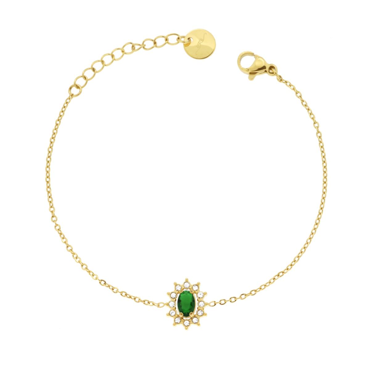 Bracciale Forzatina Diamantata con Ovale Verde Smeraldo contornato da Cubic Zirconia Bianchi in ACCIAIO colore Oro