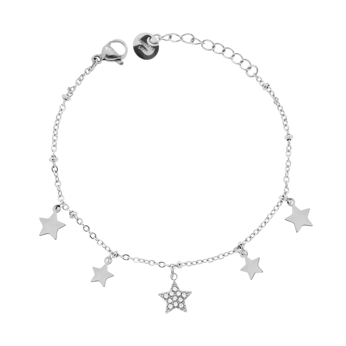 Bracciale Catena Forzatina Diamantata con Stelle pendenti e Cubic Zirconia Bianchi in ACCIAIO