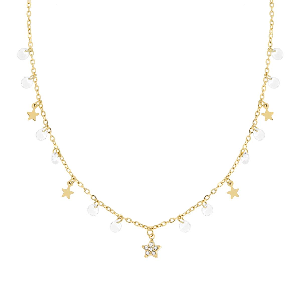 Collana Catena Forzatina Diamantata con Stelle plain pendenti e Cubic Zirconia Bianchi in ACCIAIO colore Oro