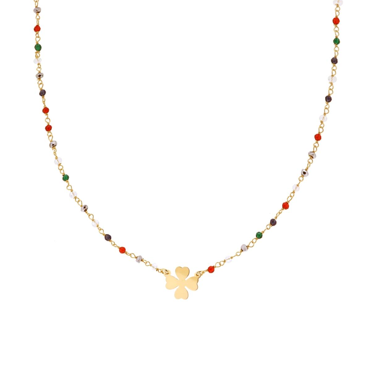 Collana Catena Crystal Multicolor e Quadrifoglio Plain in ARGENTO 925 Galvanica Oro