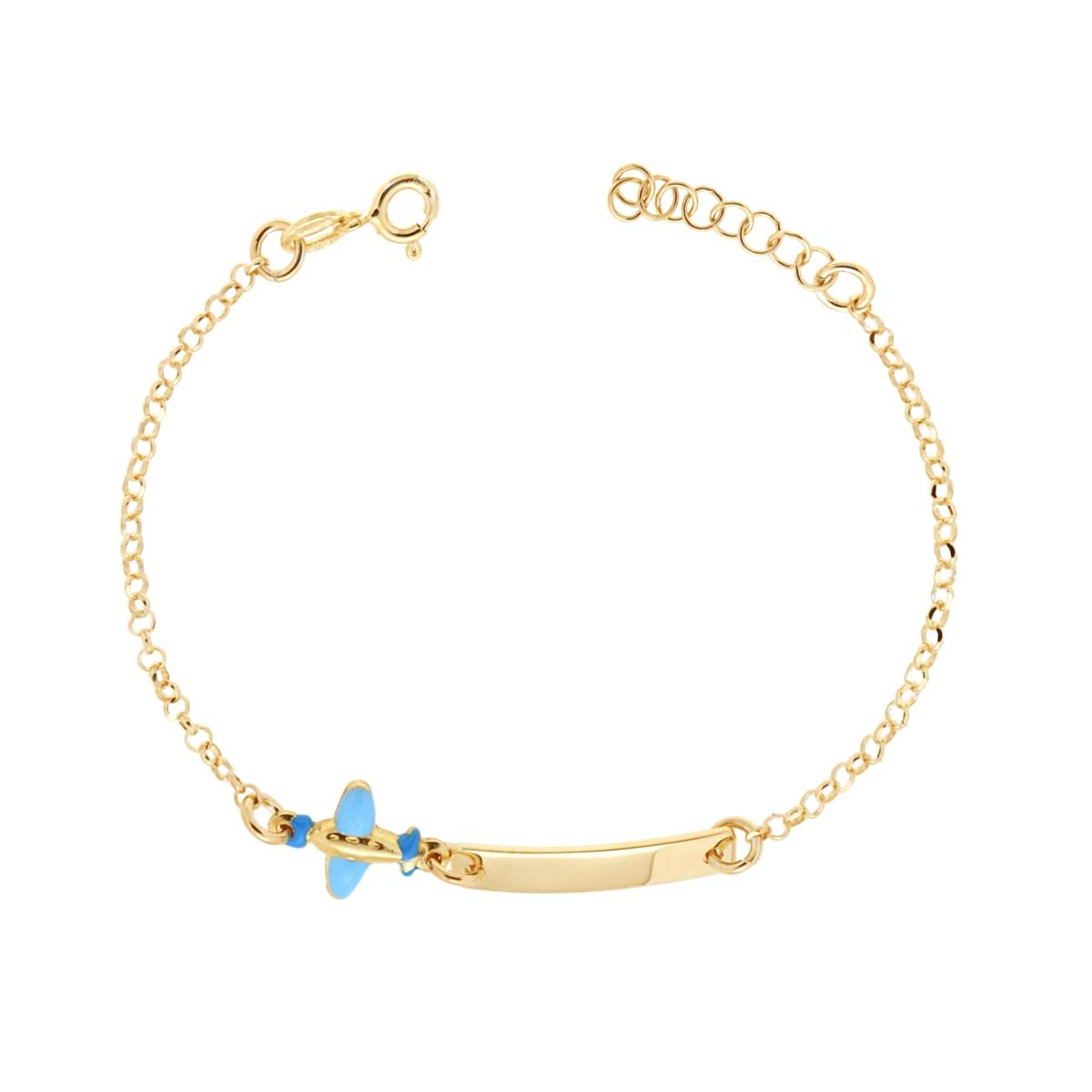 Bracciale Bimba Bimbo con Catena Rolo Diamantata Targa plain e Aeroplano smalto azzurro in ARGENTO 925 Galvanica Oro