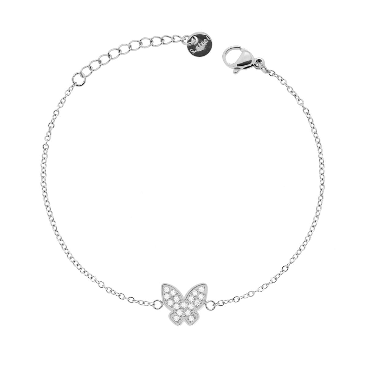 Bracciale Catena Forzatina Diamantata con Farfalla e Crystal Bianchi in ACCIAIO
