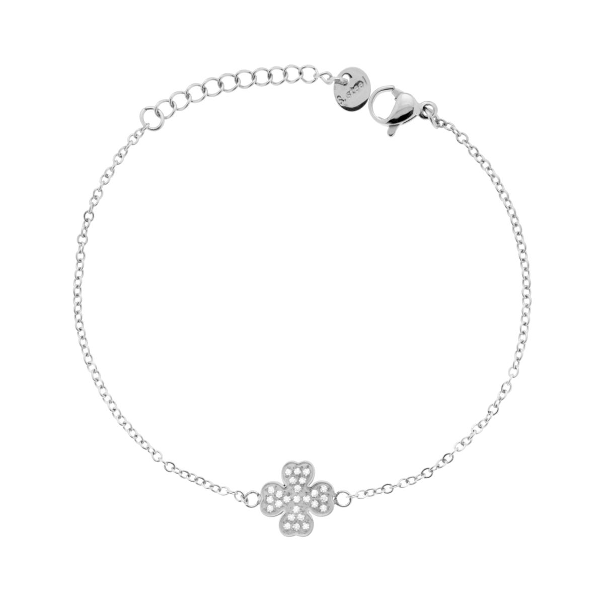 Bracciale Catena Forzatina Diamantata con Quadrifoglio e Crystal Bianchi in ACCIAIO