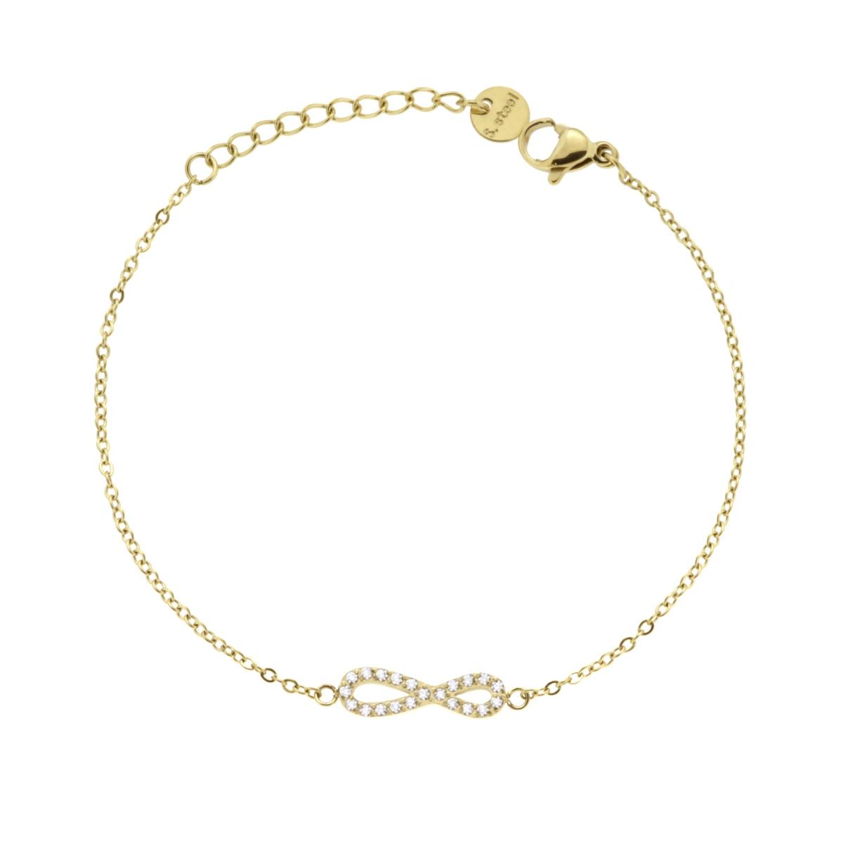 Bracciale Catena Forzatina Diamantata con Infinito e Crystal Bianchi in ACCIAIO colore Oro