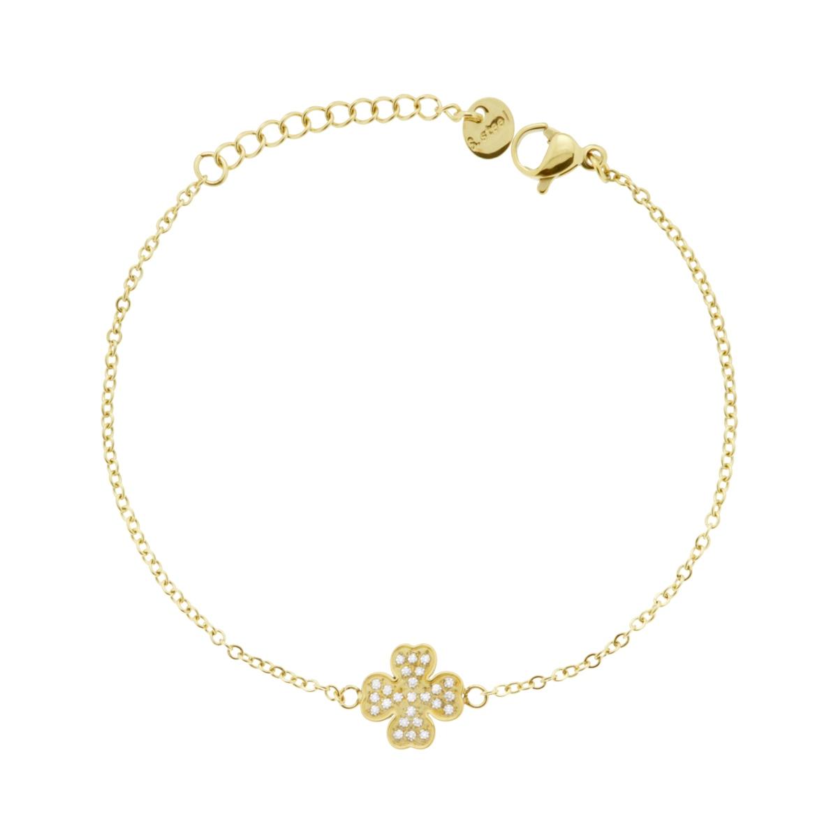 Bracciale Catena Forzatina Diamantata con Quadrifoglio e Crystal Bianchi in ACCIAIO colore Oro