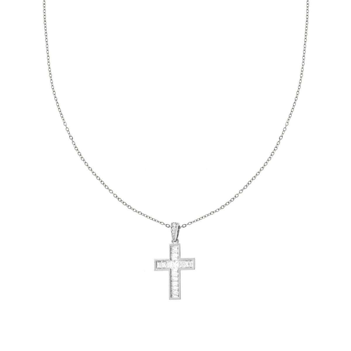 Collana Catena Forzatina Diamantata con Croce e Crystal Bianchi in ACCIAIO e OTTONE