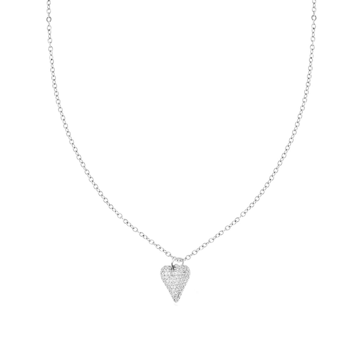 Collana Catena Forzatina Diamantata con Cuore bombato e Crystal Bianchi in ACCIAIO e OTTONE