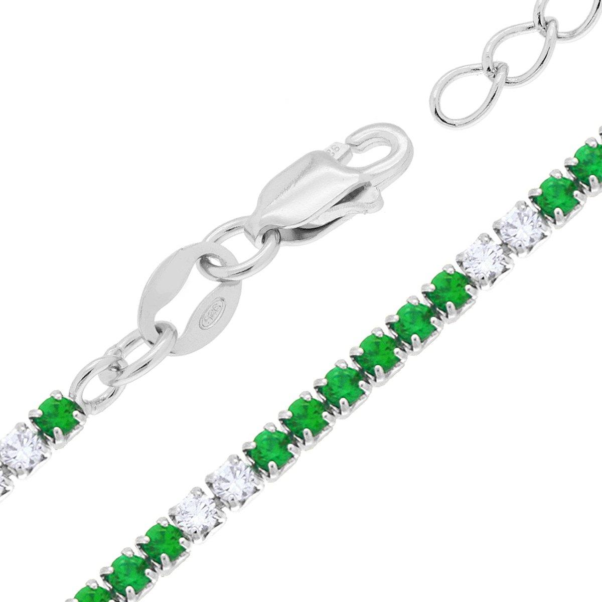 Collana Tennis Griffe cm 34+8 con Zirconi mm 2.5 Verde Smeraldo e Bianchi alternati in ARGENTO 925 Galvanica Rodio