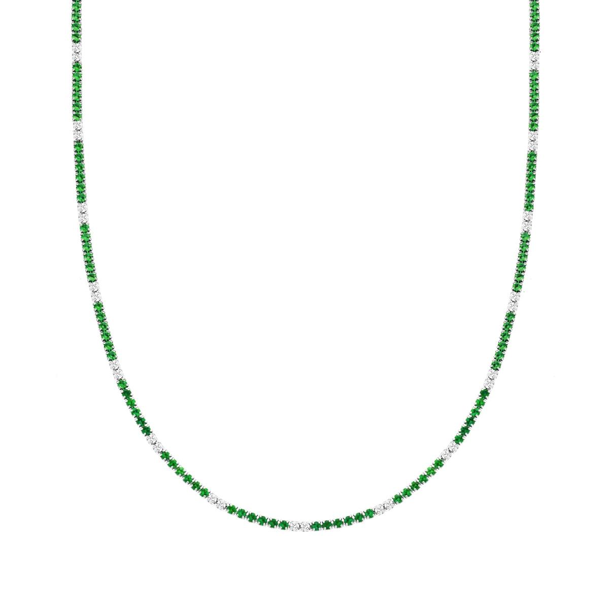 Collana Tennis Griffe cm 34+8 con Zirconi mm 2.5 Verde Smeraldo e Bianchi alternati in ARGENTO 925 Galvanica Rodio