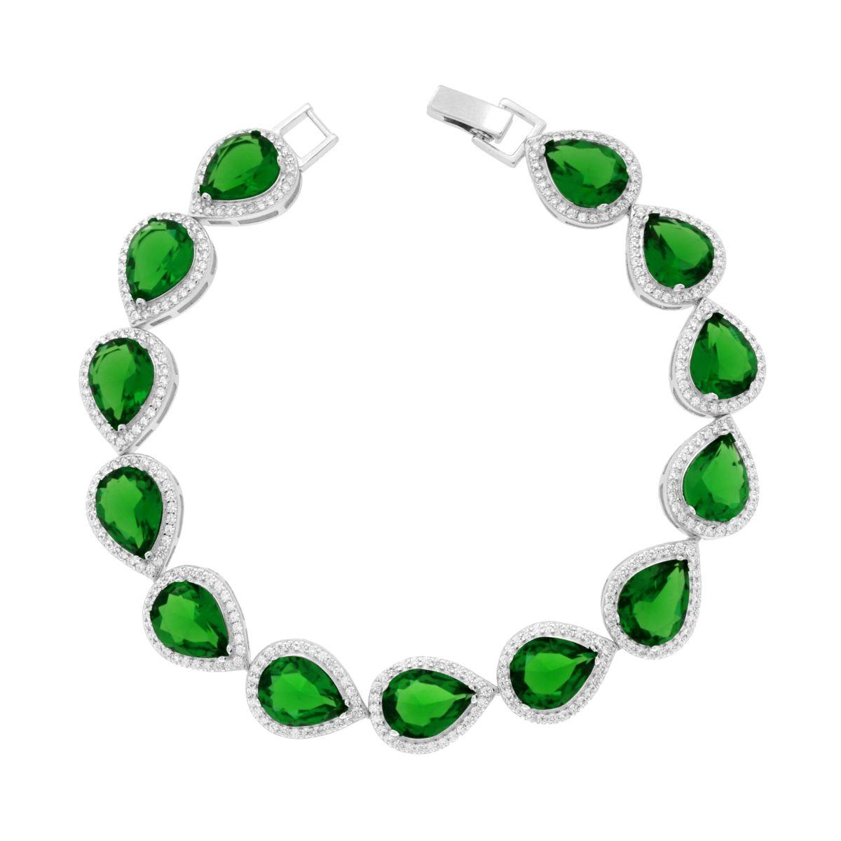 Bracciale Tennis Griffe cm 18 Goccia Verde Smeraldo contornati da Cubic Zirconia Bianchi in ARGENTO 925 Galvanica Rodio