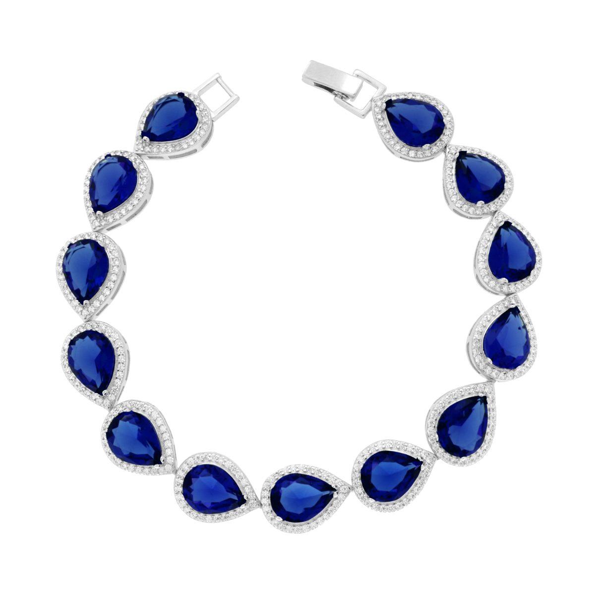 Bracciale Tennis Griffe cm 18 Goccia Blu Zaffiro contornati da Cubic Zirconia Bianchi in ARGENTO 925 Galvanica Rodio