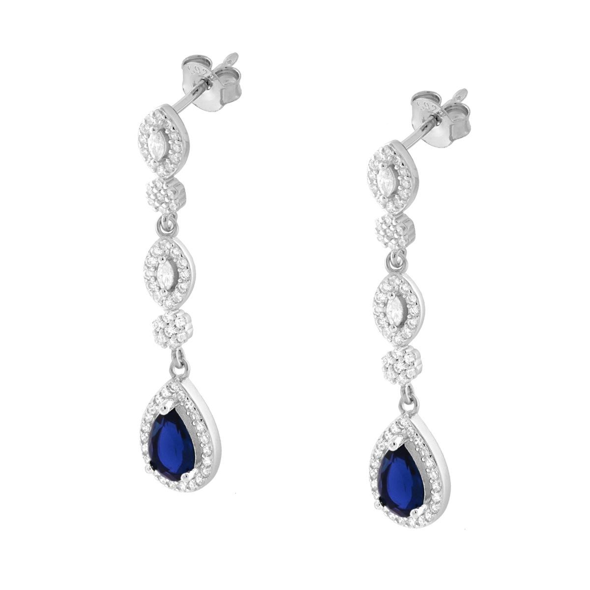 Orecchini Ovali e Goccia Pendente Blu Zaffiro contornata da Cubic Zirconia Bianchi in ARGENTO 925 Galvanica Rodio