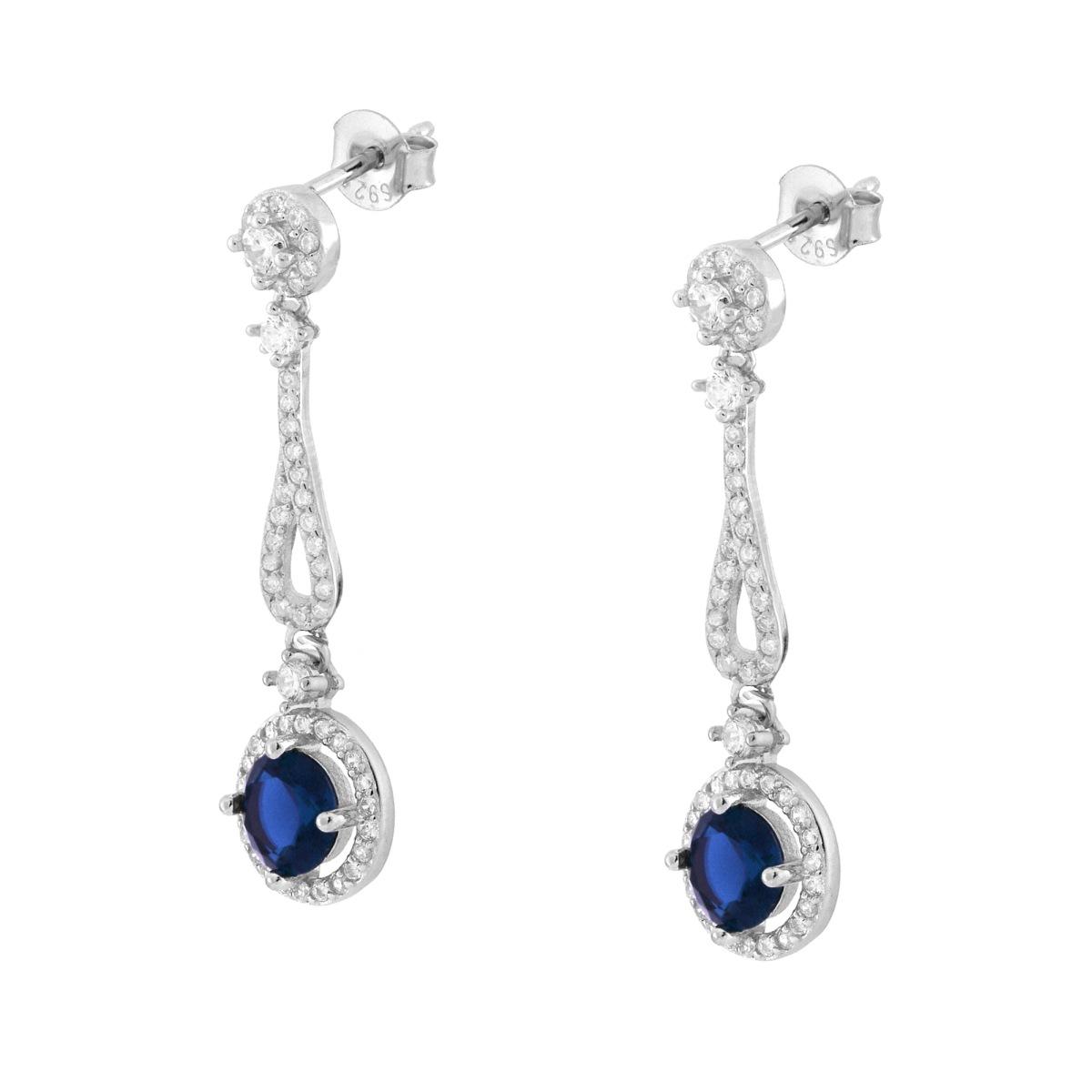 Orecchini Tondo Pendente Blu Zaffiro contornato da Cubic Zirconia Bianchi in ARGENTO 925 Galvanica Rodio