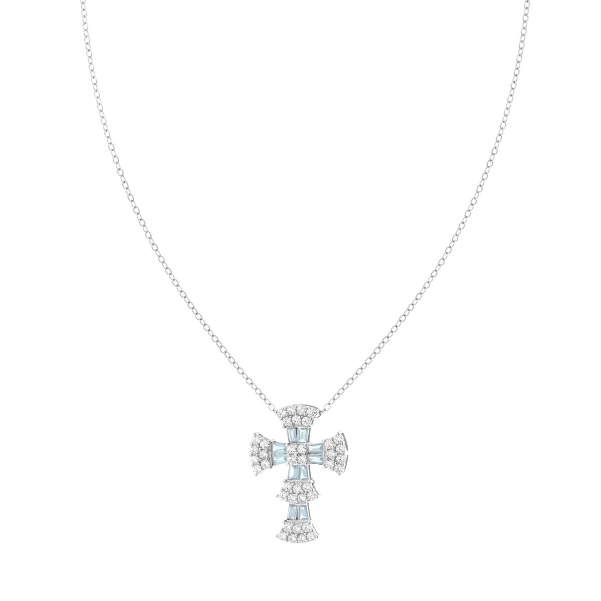 Collana Catena Forzatina Diamantata Croce con Cubic Zirconia Trapezio  Acquamarina e Cubic Zirconia Bianchi in ARGENTO 925 Galvanica Rodio 32999