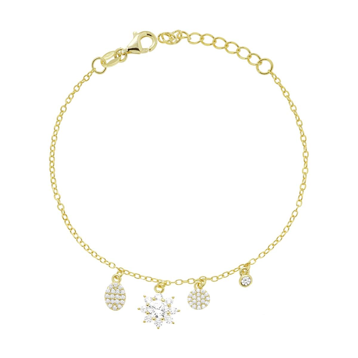 Bracciale Catena Forzatina Diamantata con Fiore e Forme Geometriche pendenti con Cubic Zirconia Bianchi in ARGENTO 925 Galvanica Oro