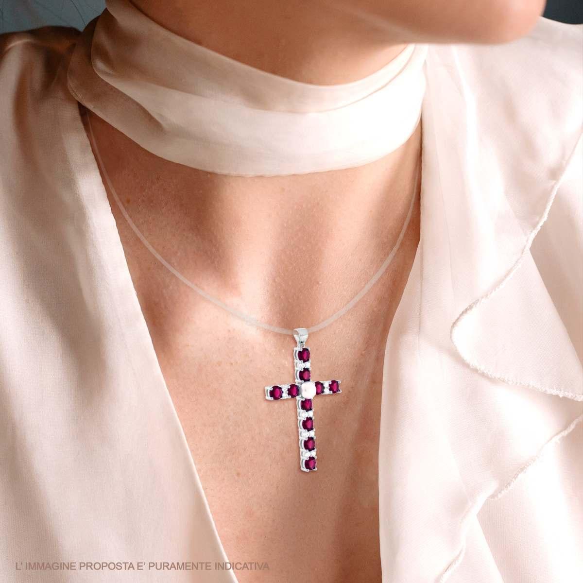 Ciondolo Croce con Cubic Zirconia Rosso Rubino Bianchi e Perla in ARGENTO 925 Galvanica Rodio