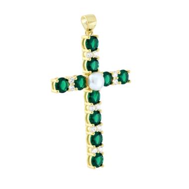 Ciondolo Croce con Cubic Zirconia Verde Smeraldo Bianchi e Perla in ARGENTO 925 Galvanica Oro