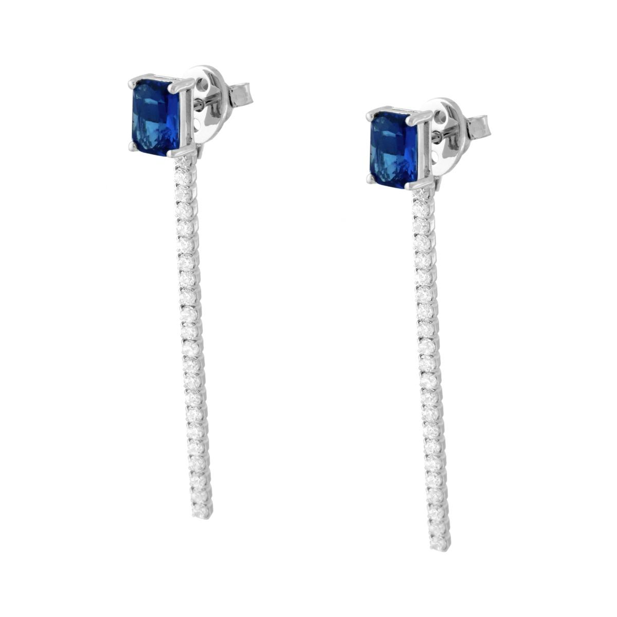 Orecchini Punto Luce Baguette Blu Zaffiro e Tennis pendente con Cubic Zirconia Bianchi in ARGENTO 925 Galvanica Rodio