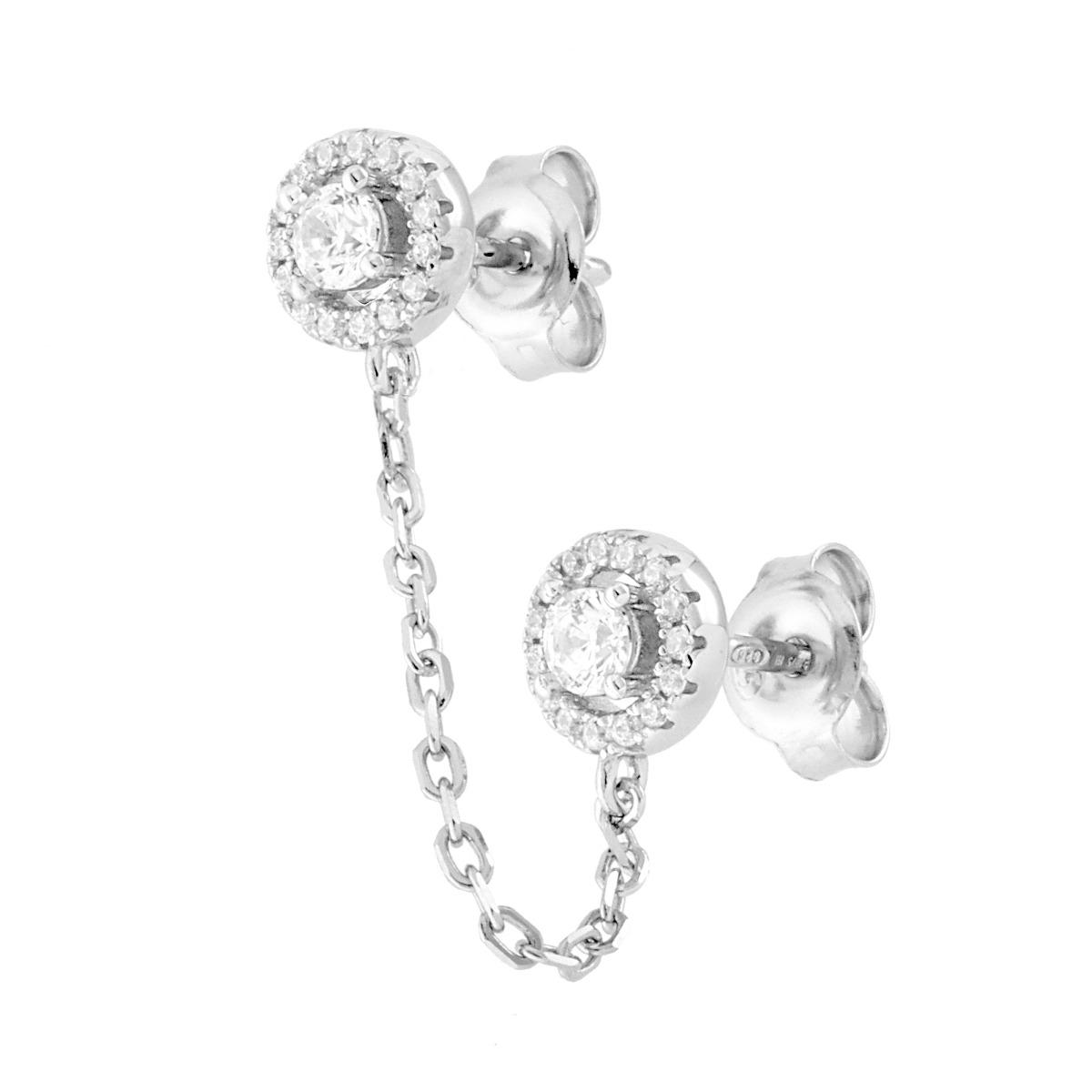 Orecchino con due Punto Luce contornati da Cubic Zirconia Bianchi e catenella in ARGENTO 925 Galvanica Rodio