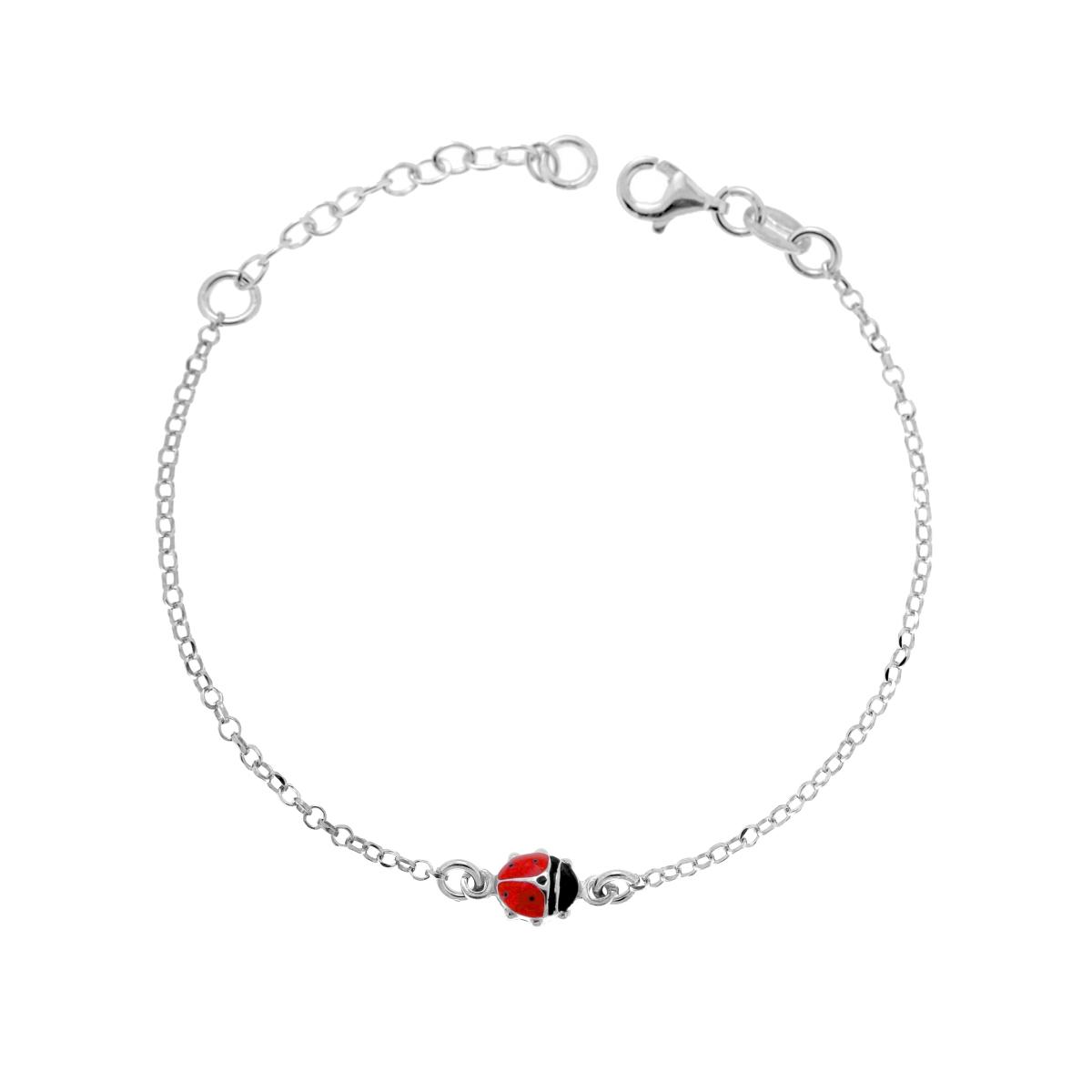 Bracciale Catena Rolo Diamantata con Coccinella smalto Rosso in ARGENTO 925 Galvanica Rodio