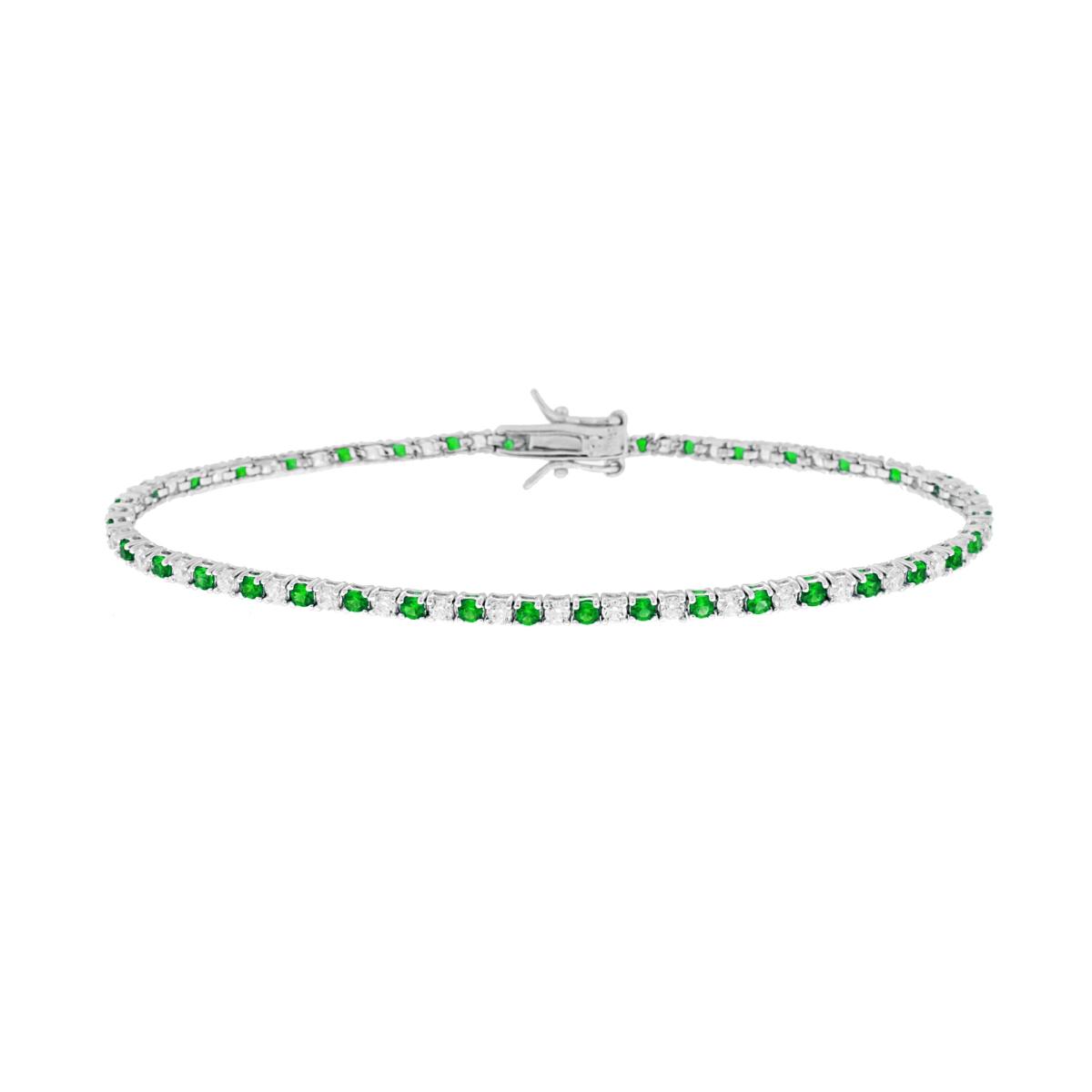Bracciale Tennis Griffe cm 16.5 con Zirconi mm 2 Bianchi e Verde Smeraldo alternati in ARGENTO 925 Galvanica Rodio