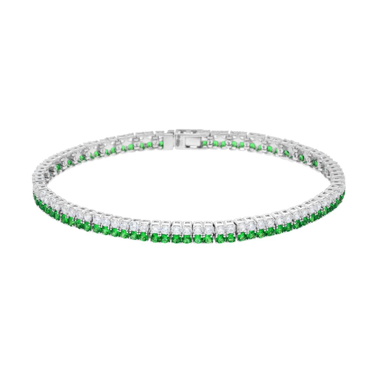 Bracciale Tennis Griffe cm 18 due fili Zirconi mm 2 Verde Smeraldo e Bianco in ARGENTO Galvanica Rodio