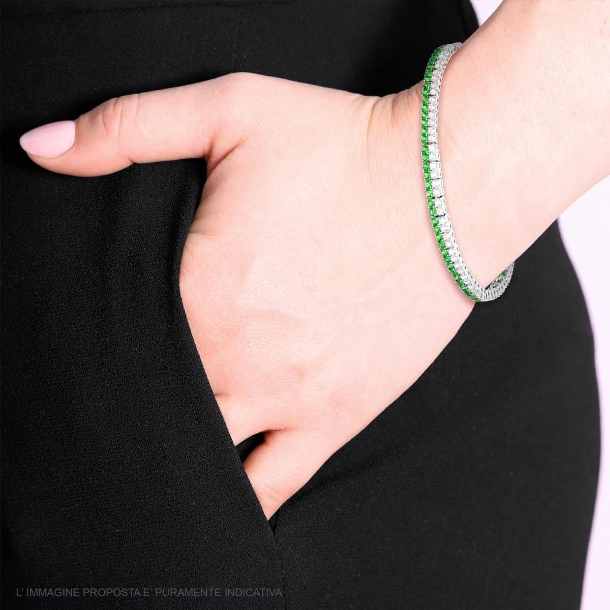 Bracciale Tennis Griffe cm 18 due fili Zirconi mm 2 Verde Smeraldo e Bianco in ARGENTO Galvanica Rodio