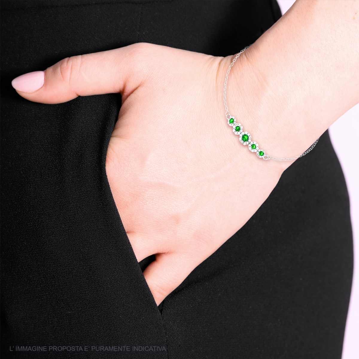 Bracciale Catena Forzatina Diamantata con Fiori Cubic Zirconia Verde Smeraldo e Bianchi in ARGENTO 925 Galvanica Rodio