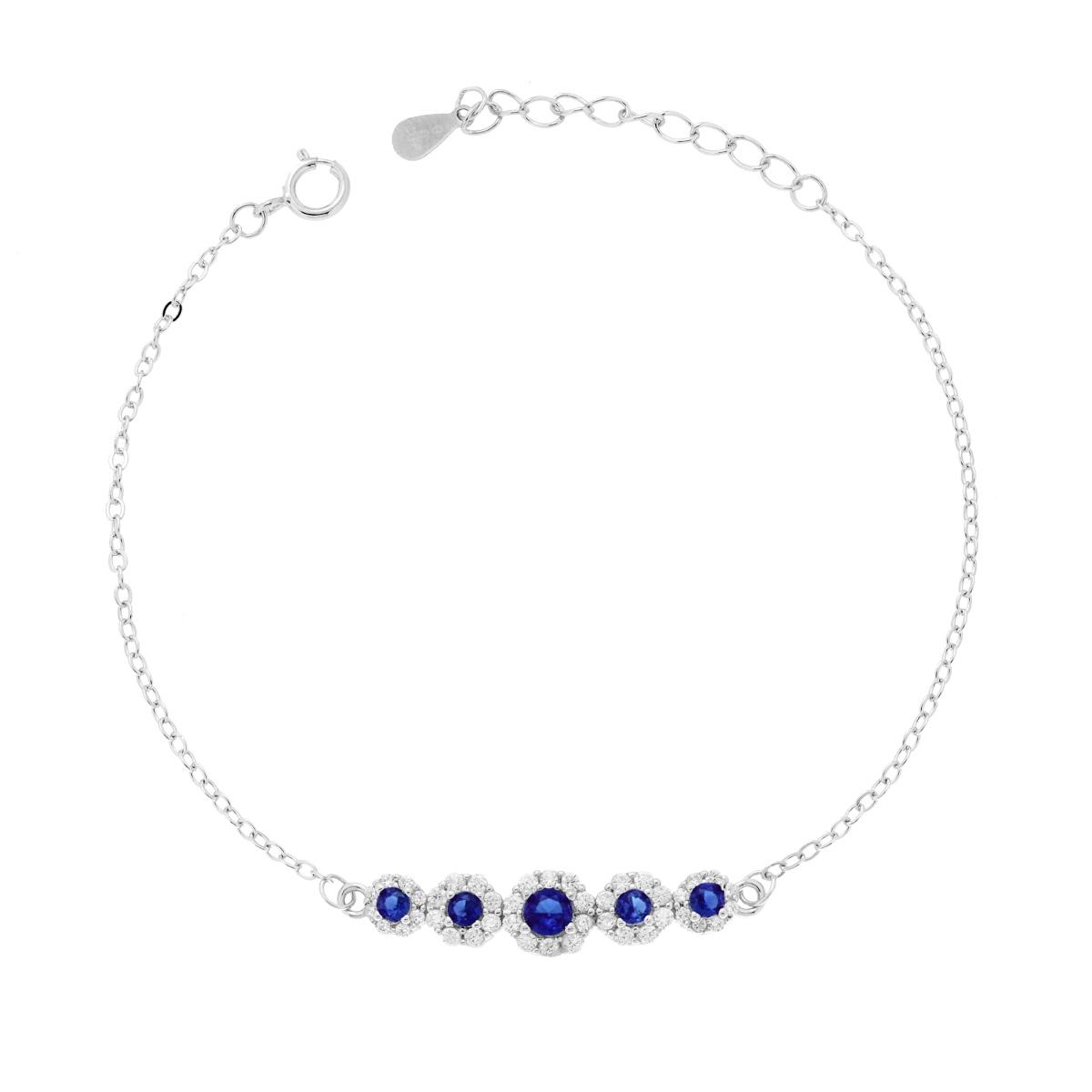 Bracciale Catena Forzatina Diamantata con Fiori Cubic Zirconia Blu Zaffiro e Bianchi in ARGENTO 925 Galvanica Rodio