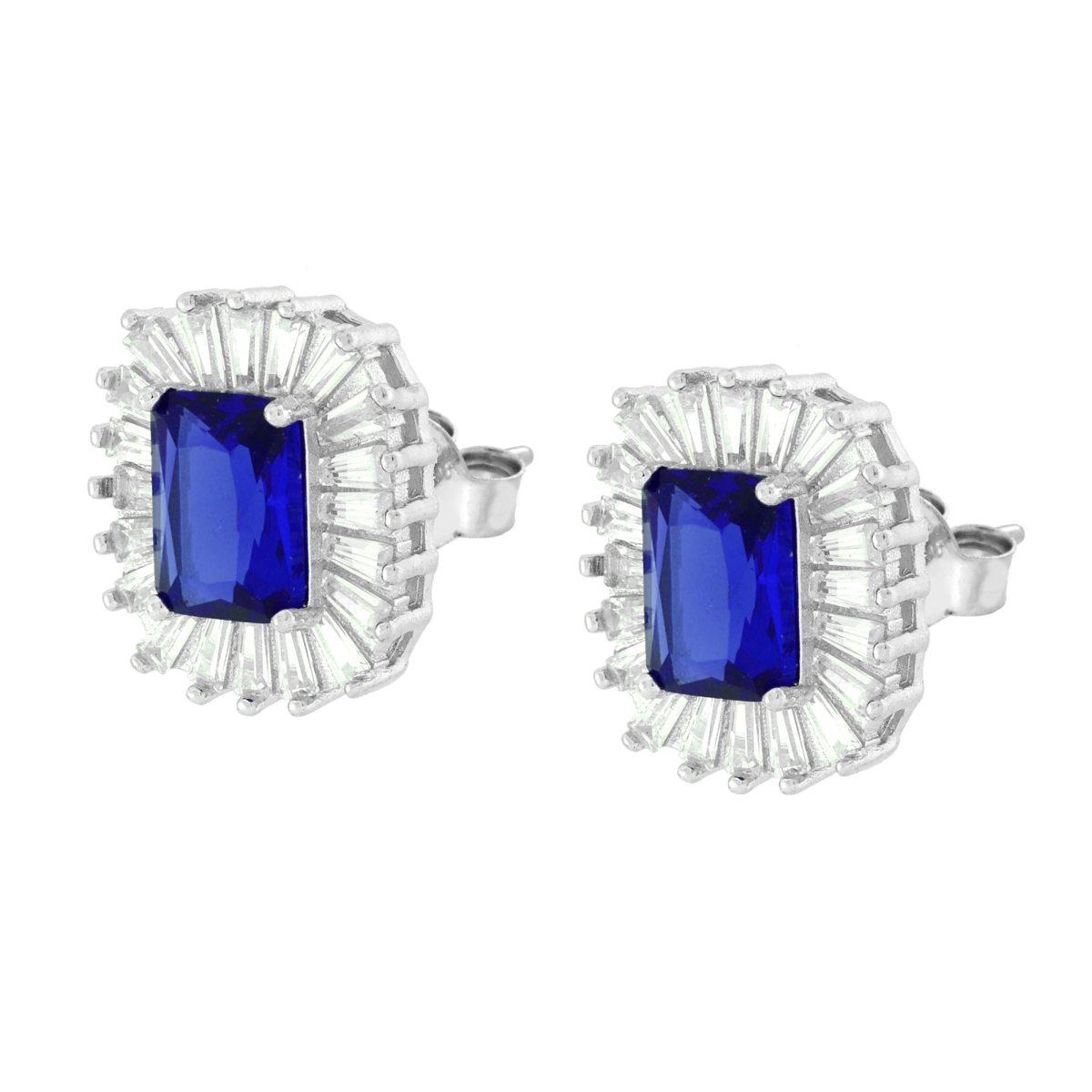 Orecchini Rettangolari Cubic Zirconia Blu Zaffiro contornato da Cubic Zirconia Trapezio Bianchi in ARGENTO 925 Galvanic Rhodium