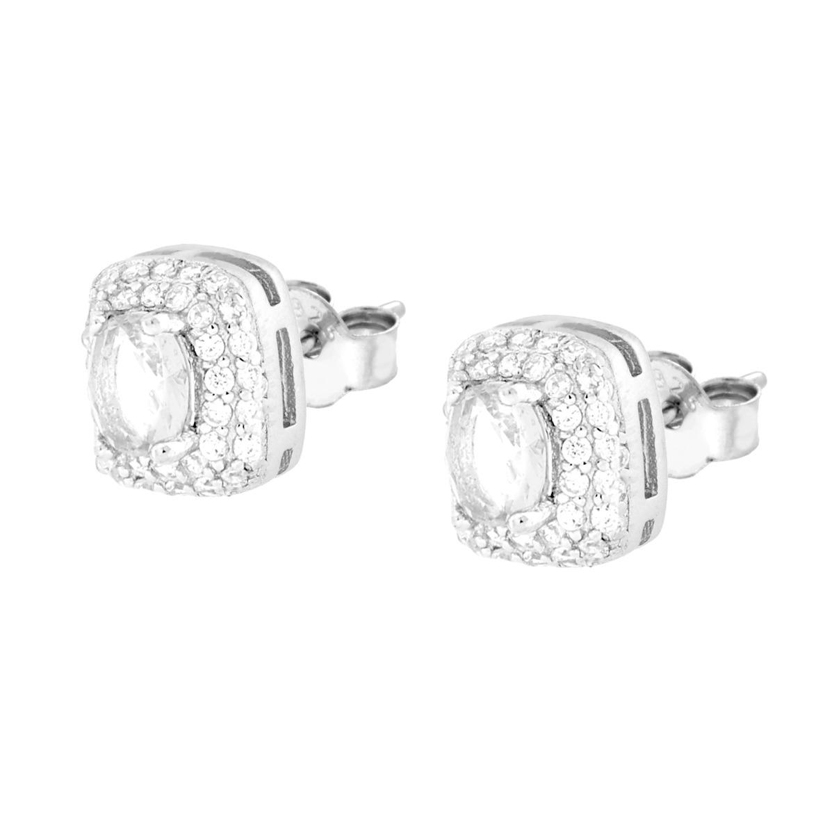 Orecchini Rettangolari Cubic Zirconia Ovale Bianco contornato da Cubic Zirconia Bianchi in ARGENTO 925 Galvanica Rodio