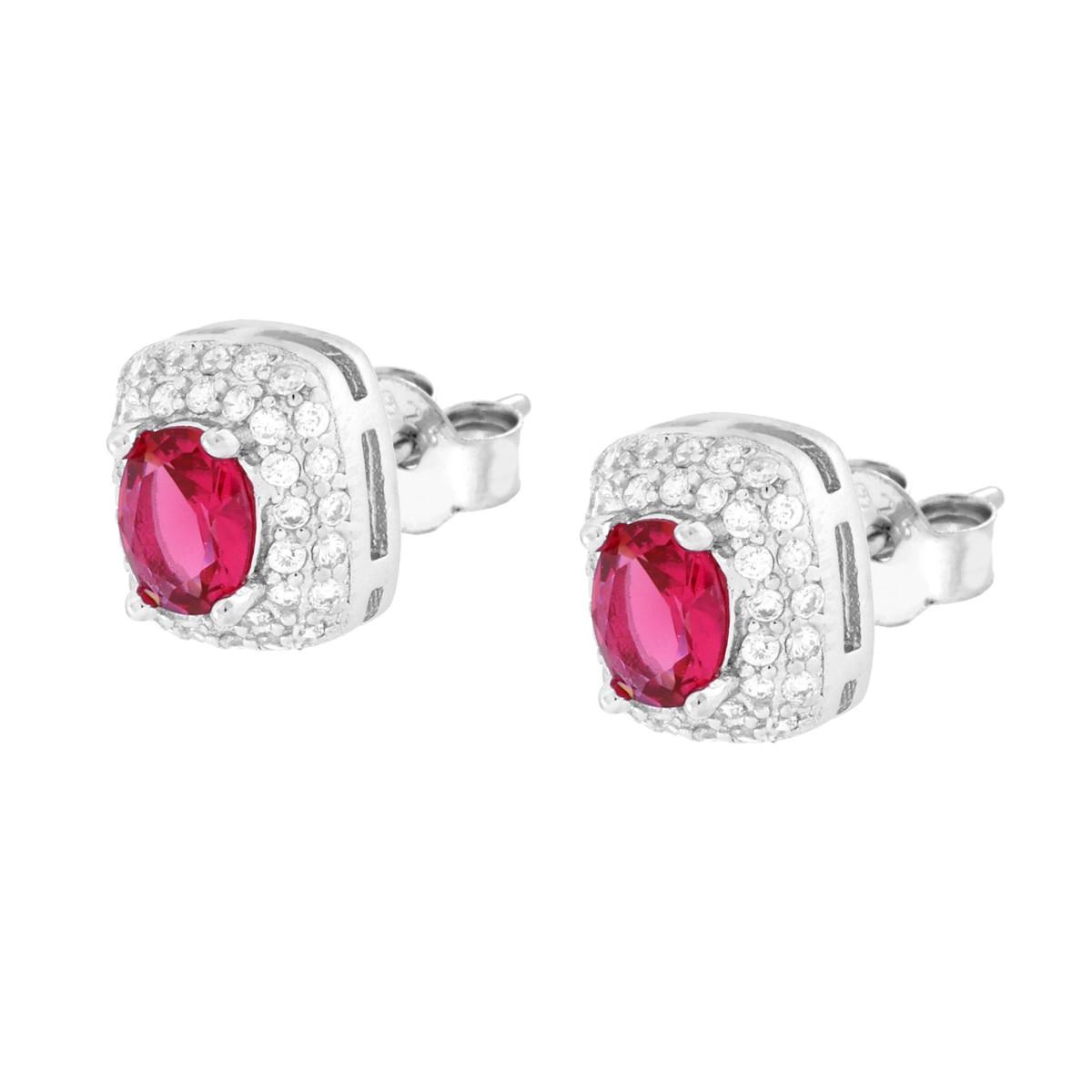 Orecchini Rettangolari Cubic Zirconia Ovale Rosso Rubino contornato da Cubic Zirconia Bianchi in ARGENTO 925 Galvanica Rodio