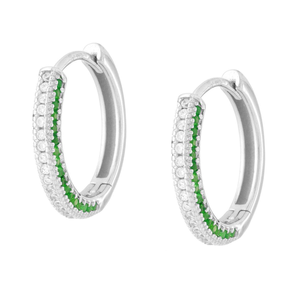 Orecchini Cerchio Scattino con Cubic Zirconia Verde Smeraldo e Bianco in ARGENTO 925 Galvanica Rodio