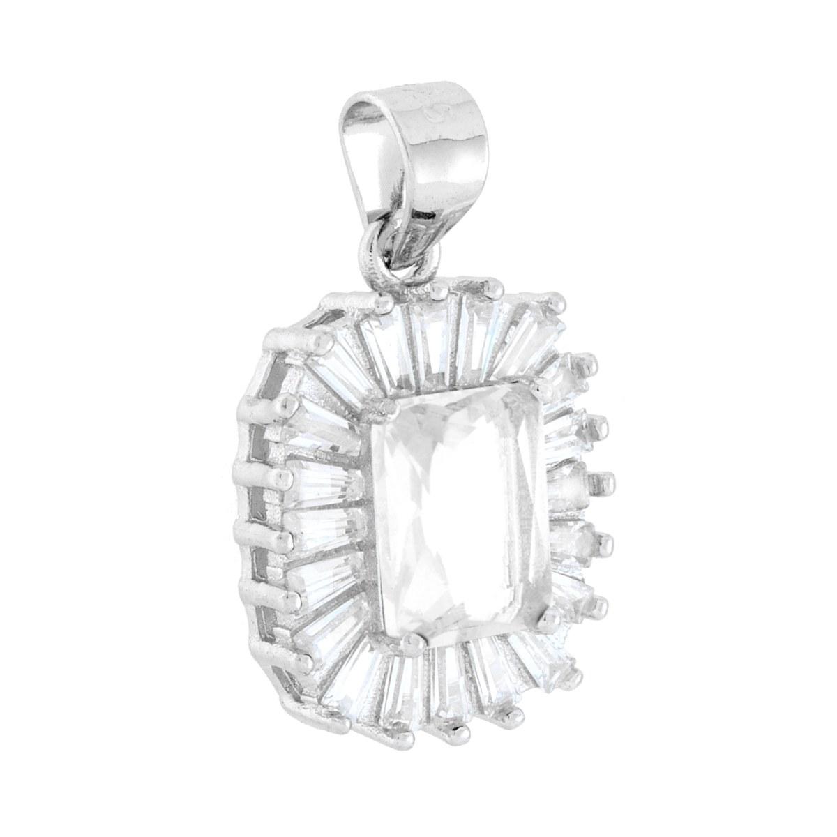 Ciondolo Rettangolare Cubic Zirconia Bianco contornato da Cubic Zirconia Trapezio Bianchi in ARGENTO 925 Galvanica Rodio