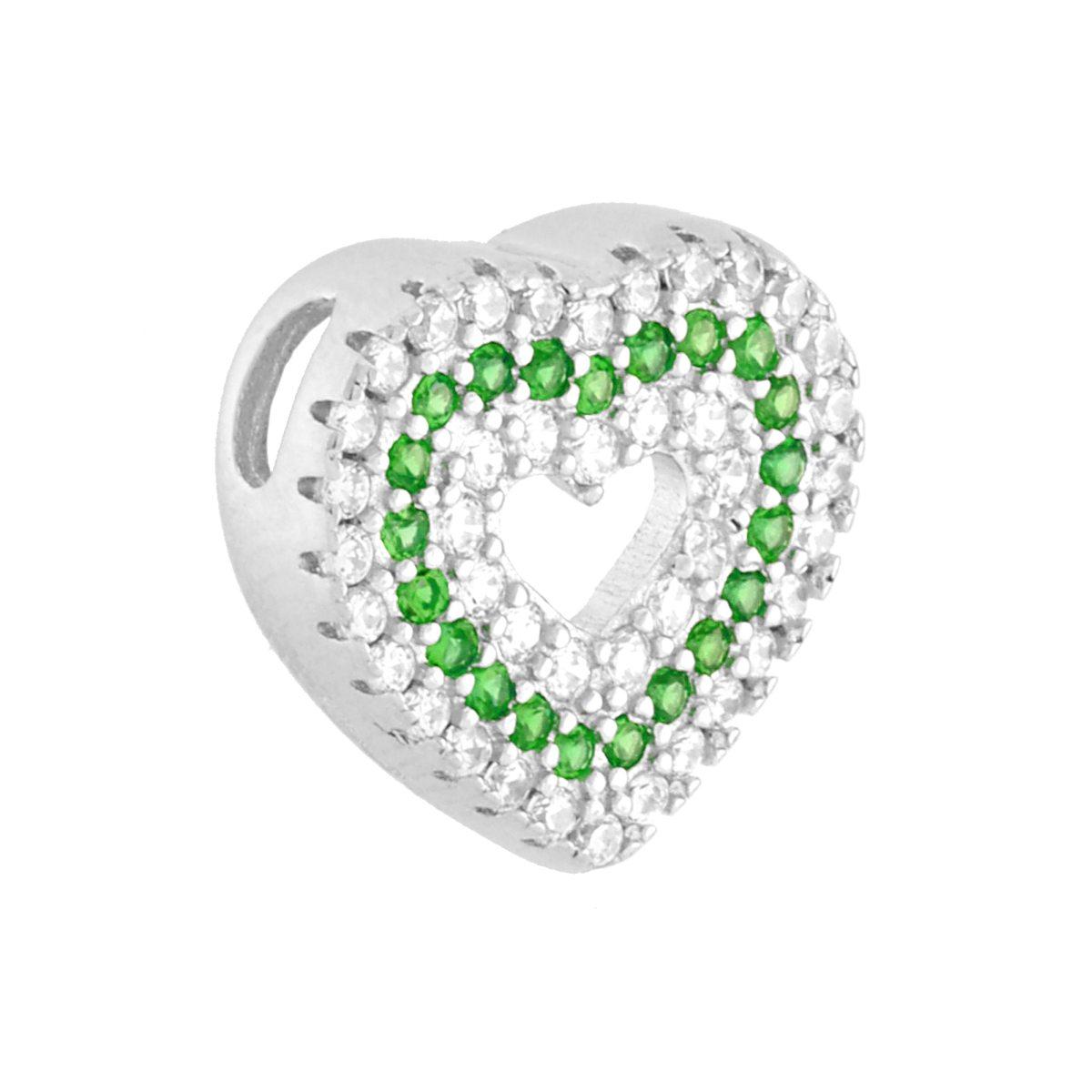 Ciondolo Cuore Passante Cubic Zirconia Verde Smeraldo contornato da Cubic Zirconia Bianchi in ARGENTO 925 Galvanica Rodio