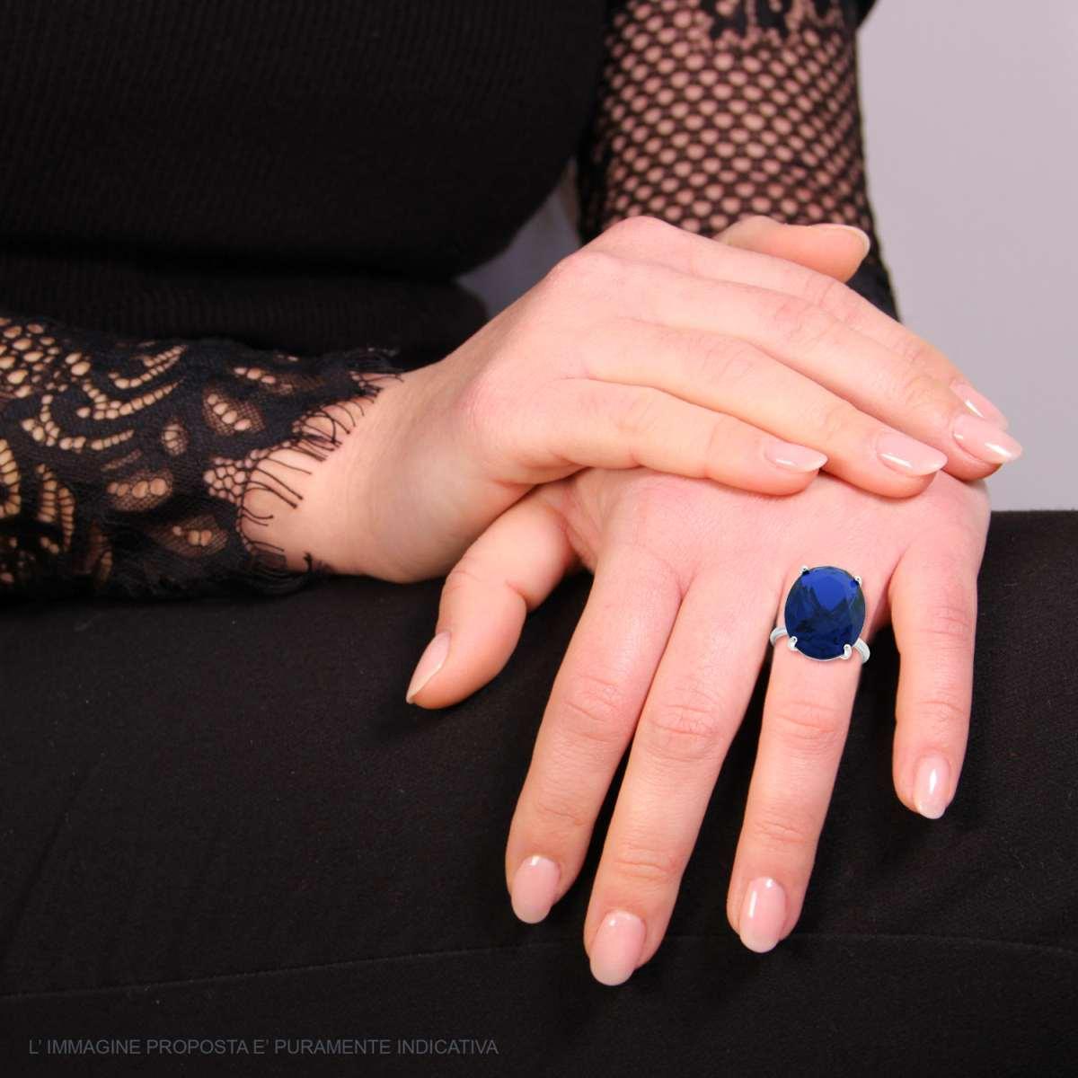 Anello Solitario Ovale Blu Zaffiro Cubic Zirconia in ARGENTO 925 Galvanica Rodio