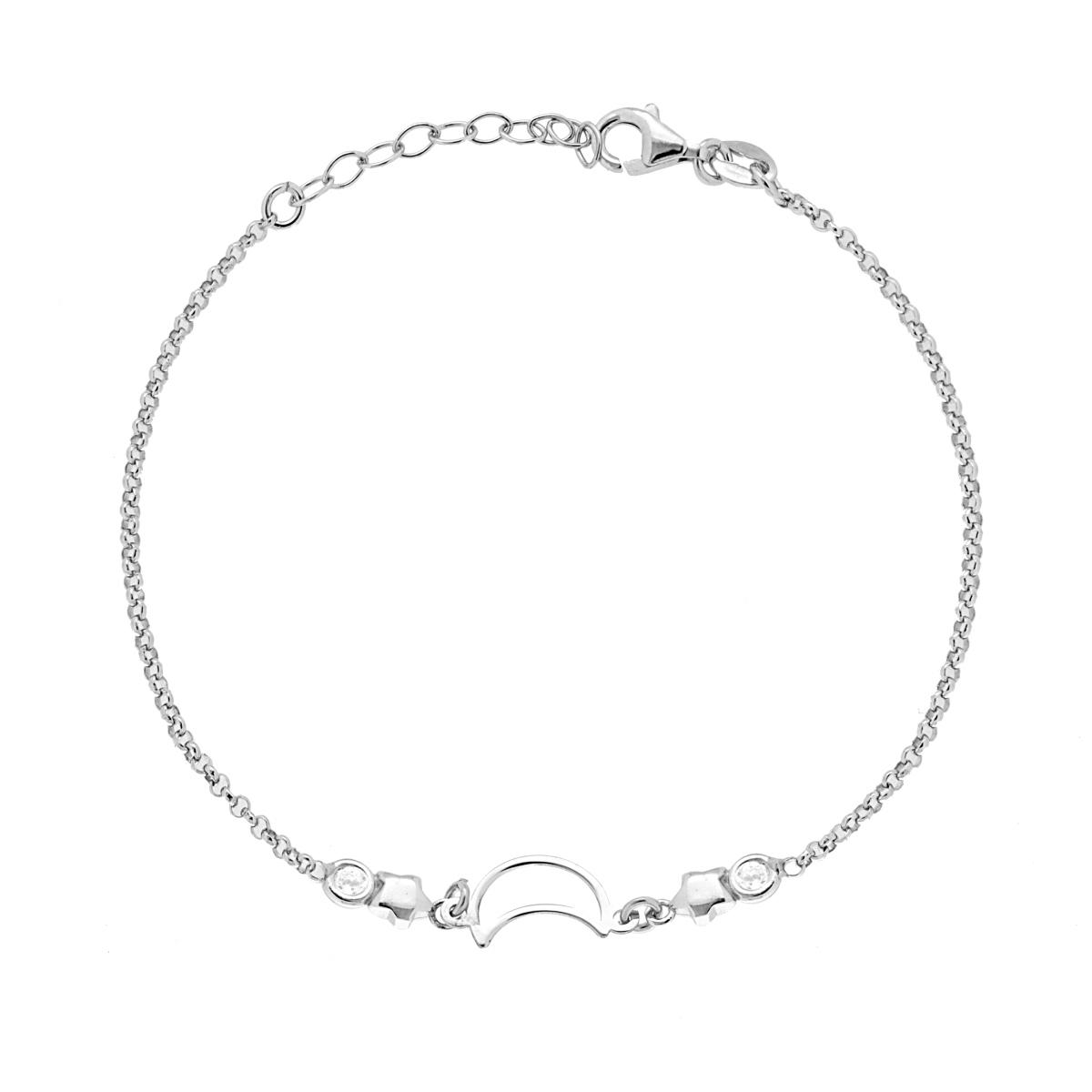 Bracciale Catena Rolo Diamantata con Luna e Stelle e Cubic Zirconia Bianco in ARGENTO 925 Galvanica Rodio