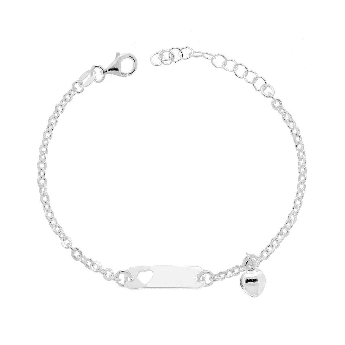 Bracciale Targa Rettangolare Bimbo Bimba con catena Forzatina Diamantata e Cuore pendente e traforato in ARGENTO 925