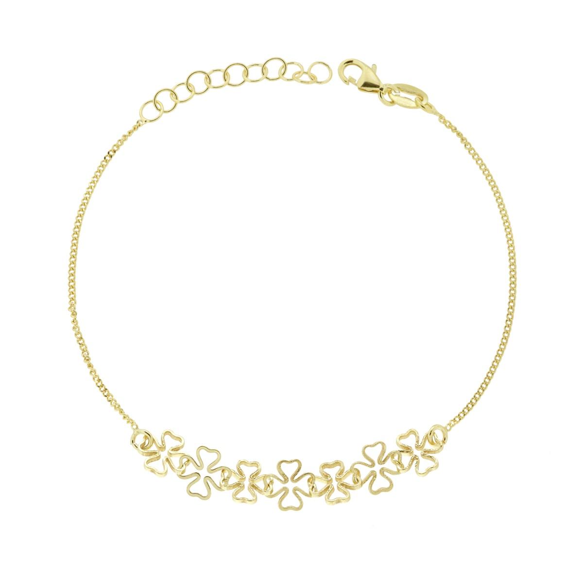 Bracciale Catena Grumetta con Quadrifogli incatenati in ARGENTO 925 Galvanica Oro