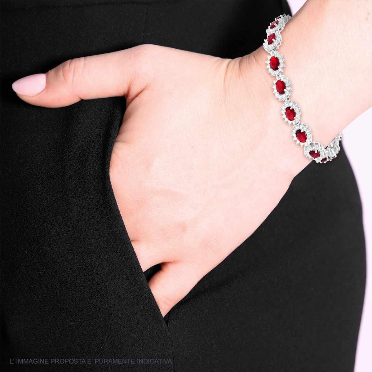 Bracciale Tennis cm 18 Ovali Rosso Rubino contornati da Cubic Zirconia Bianchi in ARGENTO 925 Galvanica Rodio